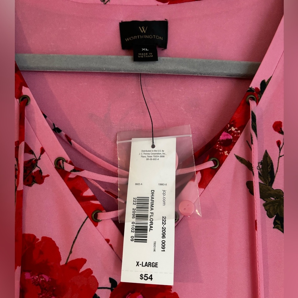 Worthington Pink and Red Floral Lace-Up Long Sleeve Dress, Size XL - Picture 2 of 9